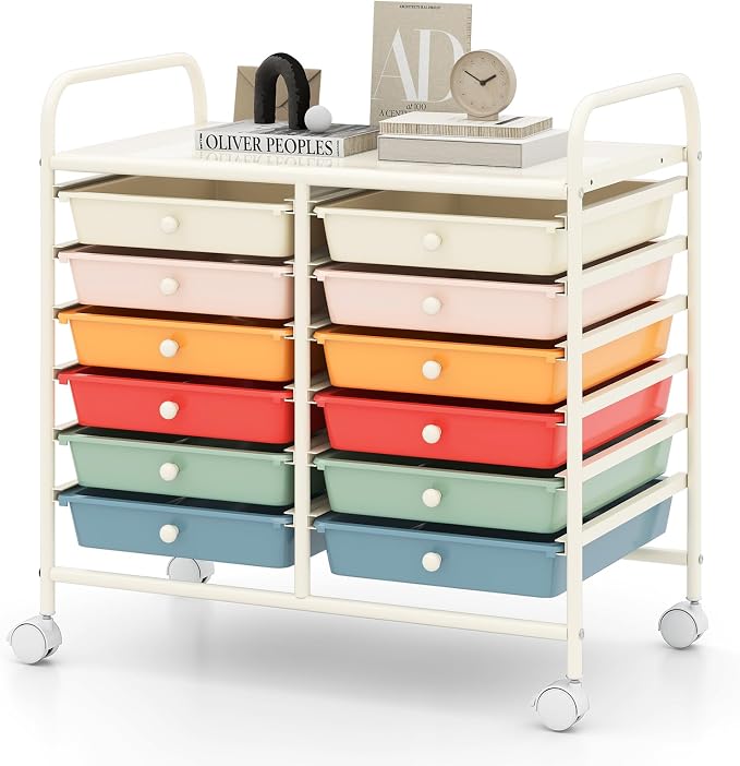 RELAX4LIFE 12-Drawer Rolling Storage Cart - Mobile Utility Cart on Wheels for School Classroom Teacher Office Salon, Paper File Art Supply Craft Organizer, Rolling Cart with Drawers (Macaron) by RELAX4LIFE