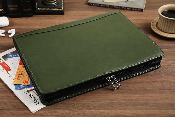 Green Leather Padfolio for Women/Men, Business 3 Ring Portfolio Binder, Personalized Zippered Organizer for A4 Notepad & 13-inch Laptop/Tablet - Image 2