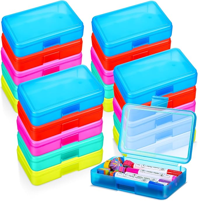 Zhehao 20 Pack 8''x5.5''x2'' Clear Pencil Boxes with Lids,Colorful | Bulk Clear Plastic Pencil Box, Stackable Crayon Pencil Case for Students, Large Pen Boxes for Kids, Back to School Supplies by Zhehao