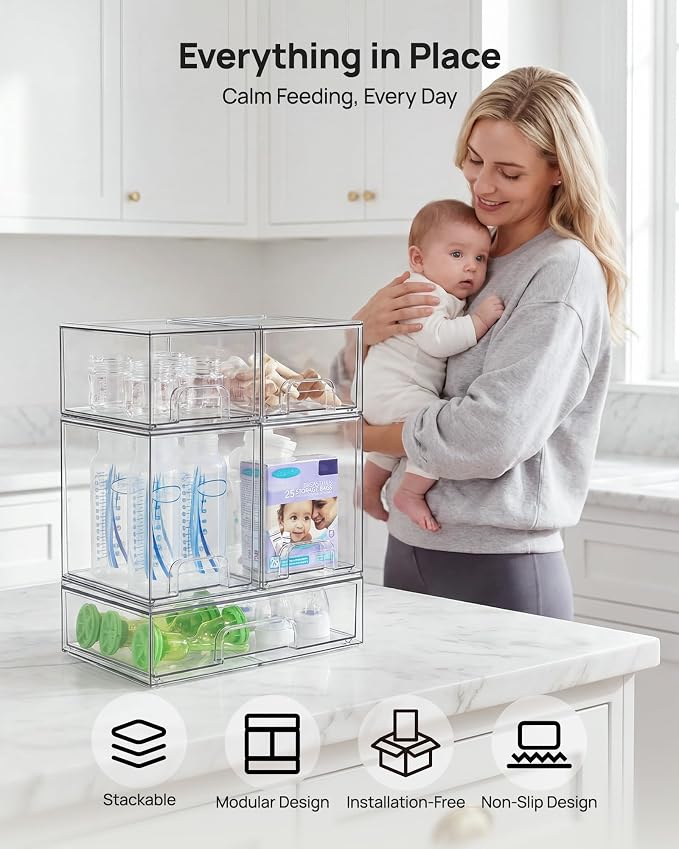 Vtopmart Clear Stackable Storage Drawers Set of 7, Plastic Organizer Bins | Multi-purpose Boxes for Baby Bottle Storage, Ideal for Kichen, Vanity, Bathroom, Undersink, Cabinet, Pantry Organization - Image 4