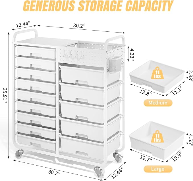 14 Drawer Rolling Storage Cart with Tabletop and Pegboard for Crafts White | Easy Setup, Large Capacity, Sturdy Build, Smooth Mobility, For classroom, office and dorm supplies - Image 3