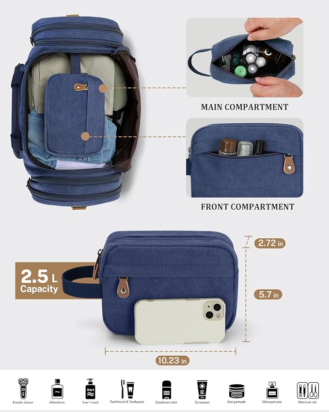 Gonex Canvas Duffle Bag, Expandable 60L Travel Overnight Weekender Bag | for Men, with Toiletry Bag, Multiple Pockets, Carry-On Size, Durable Zippers, Detachable Strap, Blue - Image 4