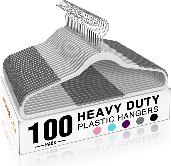 HOUSE DAY Non Slip Plastic Clothes Hangers 100 Pack with Rubber Pads, Grey | Space-Saving 0.2-Inch Slim Design; Heavy-Duty and 360° Swivel Hooks Keep Shirts, Coats, Suit, Blouse and Pants Organized by HOUSEDAY