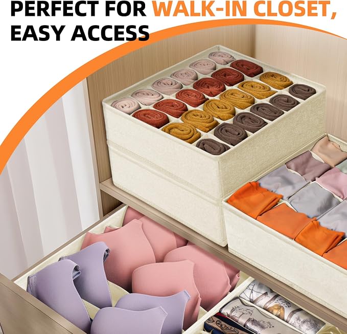 6 Pcs Drawer Organizer Clothes - 90 Cells Closet Organizers and Storage for Baby Nursery - Washable Fabric Dresser Organizer Dividers for Sock Underwear Bra Dorm Room Essentials (Beige) - Image 6