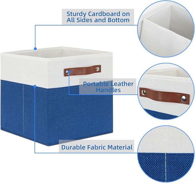 Temary 11 Storage Cube Bins for Shelves, Closet - 4 Pack Fabric Baskets With Leather Handles (White & Blue) - Image 3