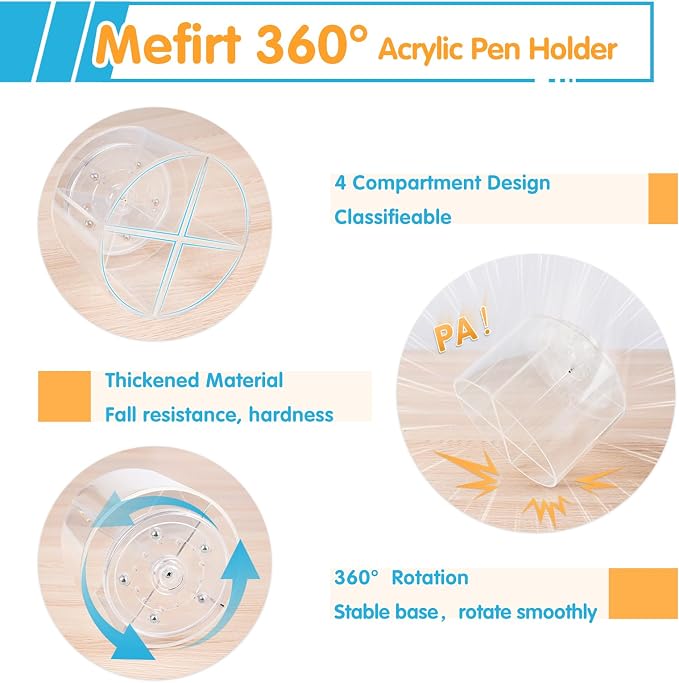 Mefirt Acrylic Pen Holder, 360 Degree Marker Organizer for Desk, Rotating Desk Storage With 4 Compartments, Art Supply Crayon Holder for Office School Home, Clear - Image 5