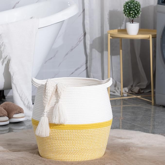 KAKAMAY Woven Baskets for Storage(17"x17"),Large Cotton Rope Woven Baby Laundry Hamper,Collapsible Laundry Basket, Blanket Basket for Organizing Living Room,Nursery,Pillows,Toy Chest(Yellow) - Image 7