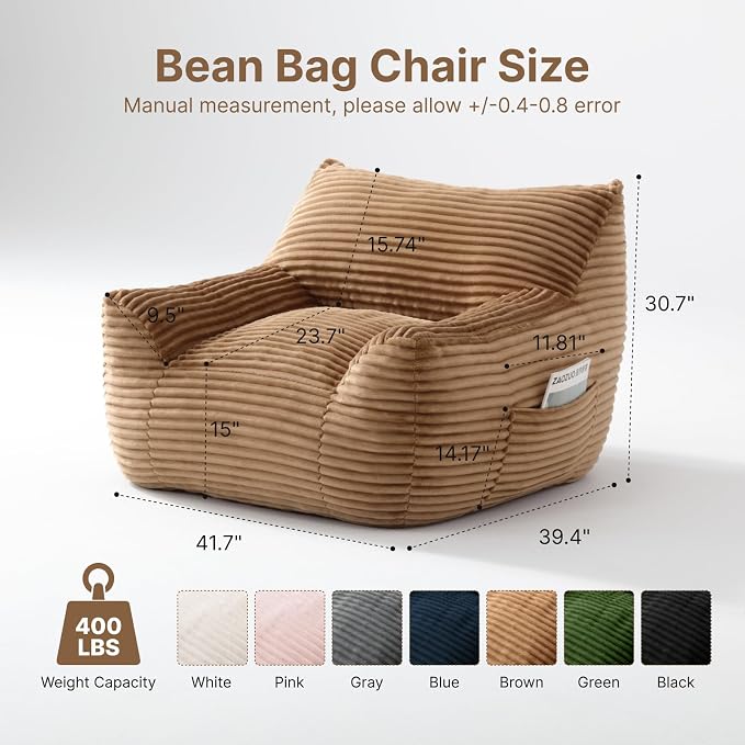 Bean Bag Chair for Adults & Kids, Giant Bean Bag Sofa with Side Pocket, Corduroy Beanbag Chair with Armrests, Comfy Stuffed Floor Sofa for Living Room Bedroom Dorm, Brown - Image 2