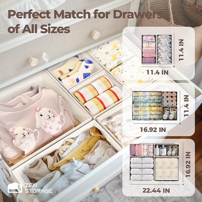 ZenStortage 12Pack Drawer Organizers Clothes, Linen Nursery Drawer Divider | Natural Cotton Linen Fabric, 3 Sizes for Flexible Combinations, Skin-Friendly Material, Foldable Zipper Design - Image 8