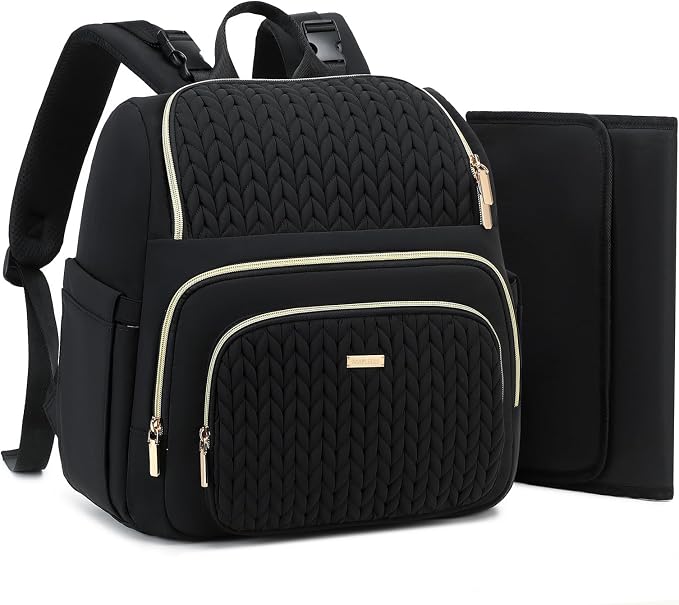 MAPLELILY Large Diaper Bag Backpack, Stylish Baby Travel Diaper Bag, Black | Lightweight maternity hospital backpack. With changing pad, stroller straps, insulated pocket. Mom, dad, toddler by MAPLELILY