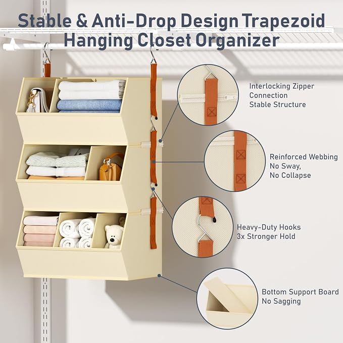 Hanging Closet Organizer Extra Large, Clothes Hanging Shelves for Closet with Divider, Collapsible Closet Storage System, Fabric Storage Bins for Home, Dorm, Rv, Sweaters, Handbags, Underwear, Sock - Image 4