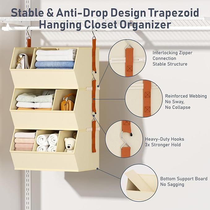 Hanging Closet Organizer Extra Large, Clothes Hanging Shelves for Closet with Divider, Collapsible Closet Storage System, Fabric Storage Bins for Home, Dorm, Rv, Sweaters, Handbags, Underwear, Sock - Image 4