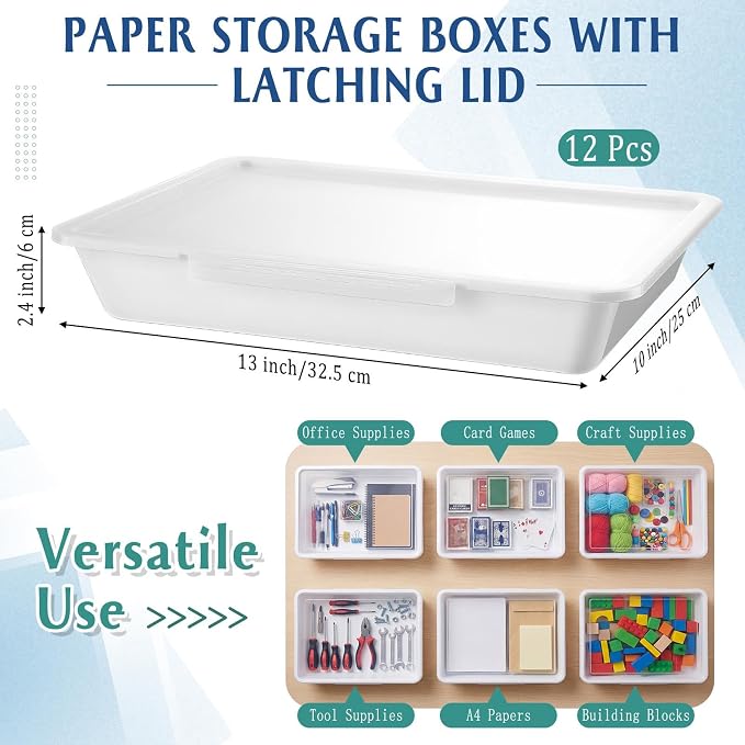 12 Pcs Classroom Paper Storage Bins with Clear Latching Lid, Label Stackable Letter Size Flat Tray Container for Teacher Back to School Supplies Home Office Desk Arts Crafts (White,13x10in) - Image 2