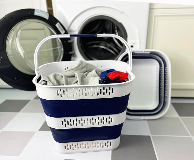 SAMMART 38L (10 Gallon) Collapsible Plastic Laundry Basket - Portable Pop-Up Storage Container/Organizer – Foldable Space Saving Laundry Hamper (2, White/Starry Blue) - Image 2