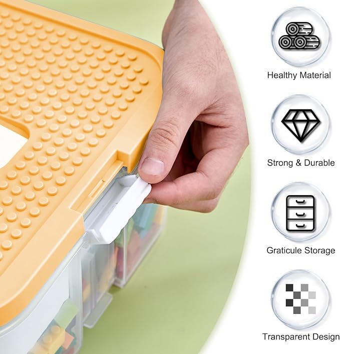 Toys Organizer Storage Case for Lego Box Kids Toy Stackable Building Blocks with Lids Bins Adjustable Lego Storage Containers Plastic Toy Box 1 Layer (Lemon) - Image 6