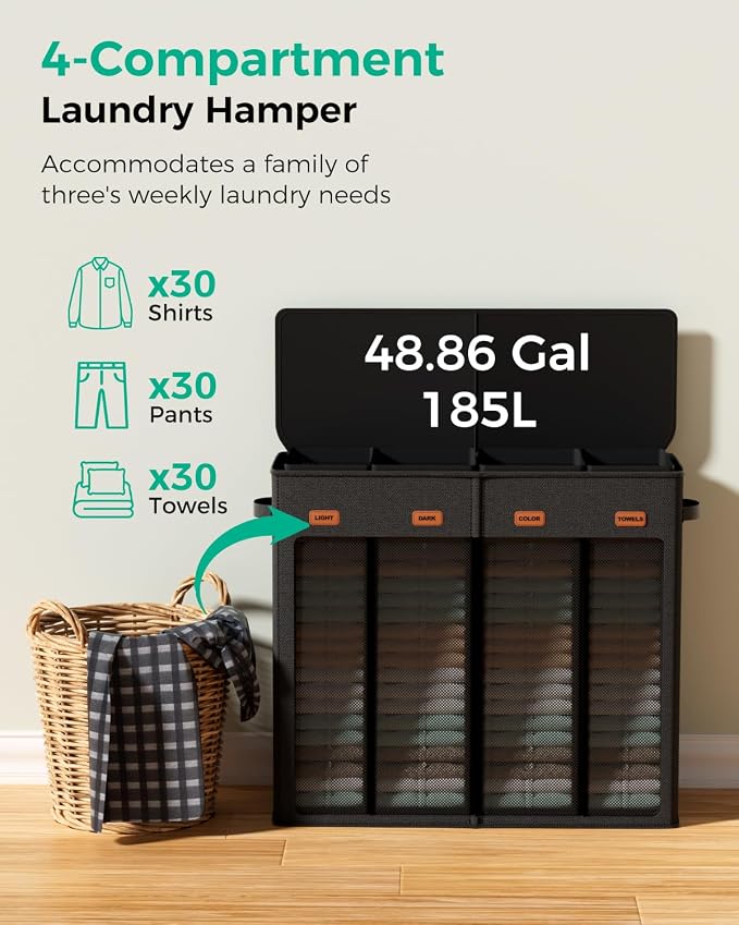 185L Laundry Hamper 4 Section with Lid & Removable Bags | Collapsible laundry basket organizer for laundry room, bedroom & dorm with 5 removable washing bags - Image 4