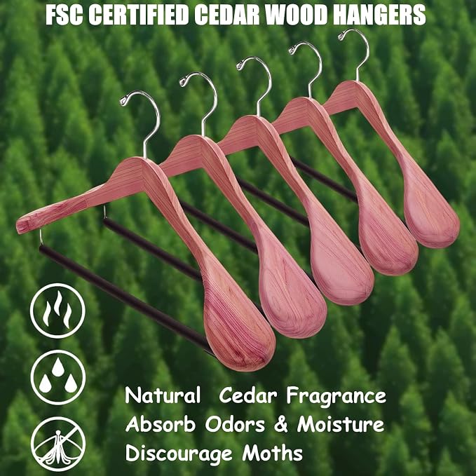 Amber Home 10 Pack Cedar Wood Suit Coat Hangers with Extra Wide Shoulder | Wooden Clothes Hangers with Non-Slip Velvet Pant Bar, Natural Cedar Hangers for Coats & Jackets - Image 5