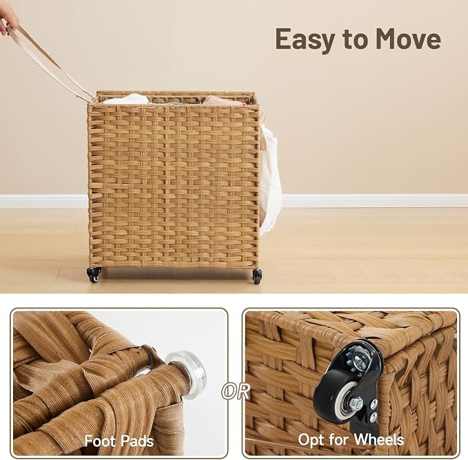 Laundry Hamper with Wheels, 39.6 Gallon(150L) Rolling Laundry Basket with Lid, 3-Section Rattan Clothes Hamper with 3 Removable Liner & 3 Mesh Bags, Laundry Sorter with Side Pocket, Natural - Image 6