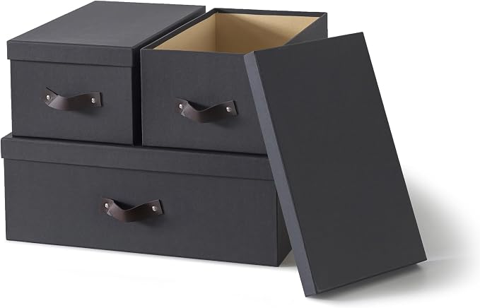 Soul & Lane - Decorative Storage Boxes with Handles, Set of 3, Dark Gray | Sturdy Cardboard Photo Organizers with Lids for Office and Home, Grey Nesting Storage Containers for Documents and Decor - Image 2