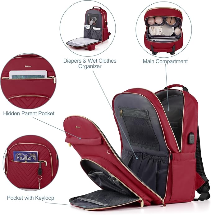 Diaper Backpack for Women Large Capacity with Insulated Pockets Diaper Bags For Baby,Burgundy - Image 3