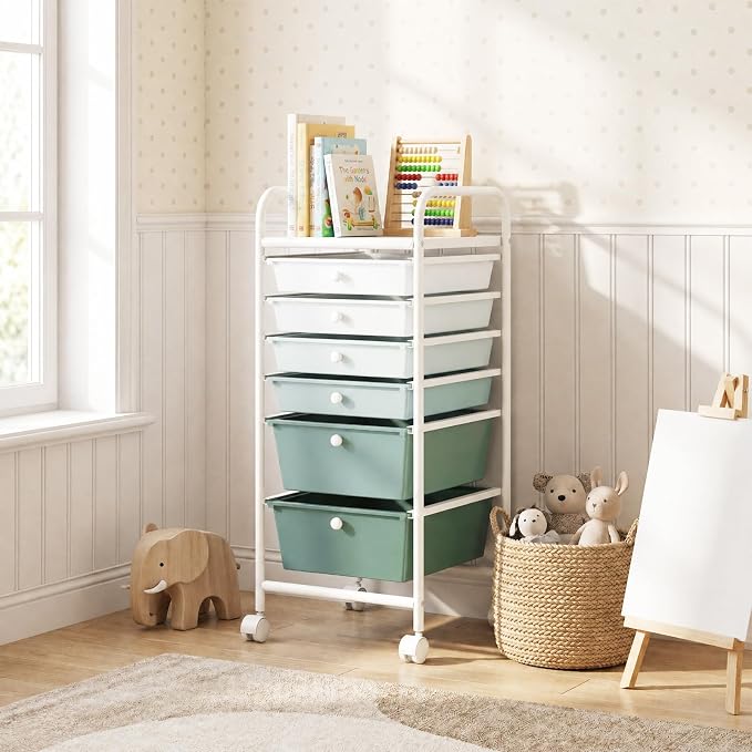 GOFLAME 6-Drawer Rolling Storage Cart, Multifunctional Art Craft Organizer Cart, Mobile Utility Storage Cart with Removable Drawers & Lockable Wheels, Craft Cart for Home Office, Green Gradient - Image 2