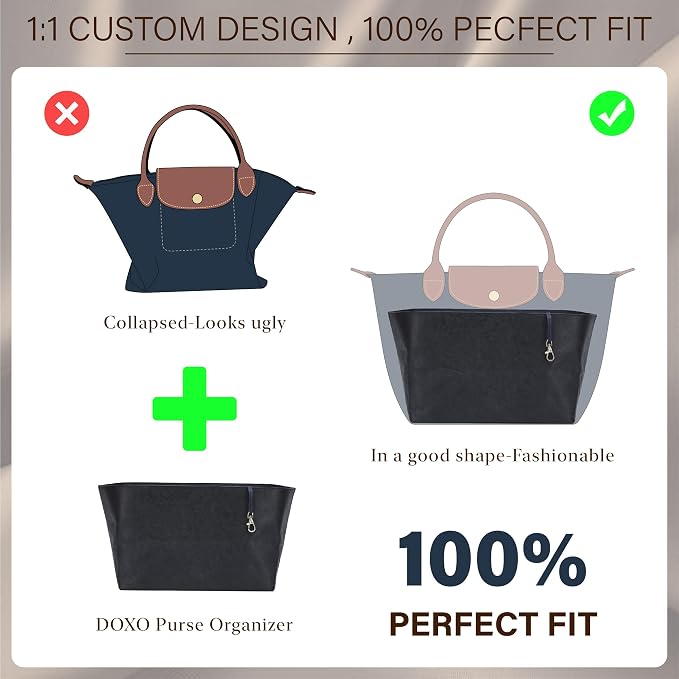 Purse Organizer Insert for Longchamp Le Pliage Medium, Black Blue | 6-Compartment Bag Organizer with YKK Zipper Pocket, Cup Holder, Key Chain, Waterproof DupontPaper Lightweight Handbag Shaper - Image 3