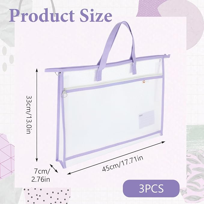 3 Pack Sewing Project Bag 17.72x12.99 Inches Craft Storage for Quilters Art Portfolio Bags with Handle and Zipper Mesh Folder Organizers for Artworks Charts Poster Scrapbook - Image 3