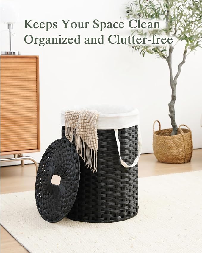 SETVSON Laundry Hamper with Lid 23.8 Gal Handwoven Laundry Basket Black | The lid hides dirty clothes, keeping spaces neat and fresh. 90 L Large Capacity, Stylish Design with Handles Easy Transport - Image 5