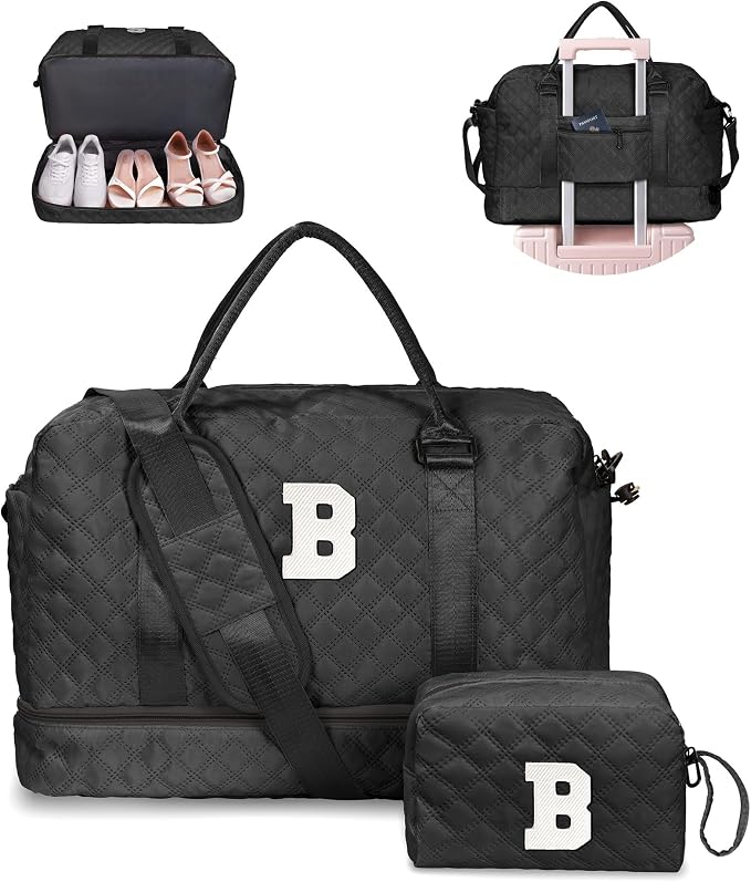 Unique Women Gift-Duffle Bag with Shoe Compartment, Weekender Bags | Birthday Gifts for 6 7 8 9 10 11 12 13 14 Year Old Girls- Overnight Bag, Travel Bags with Makeup Pouch (Letter B) by Vogewood