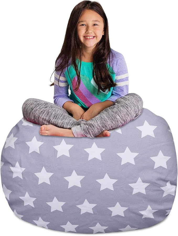 Posh Creations Kids Stuffed Animal Storage Bean Bag Chair Cover - Childrens Toy Organizer, Large-38in, Canvas White Stars on Gray by PoshCreations