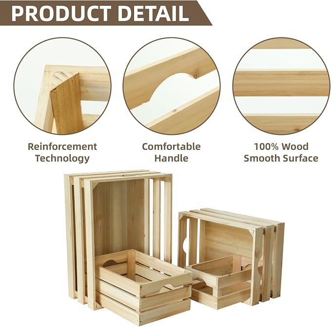 Large Wooden Crates Unfinished Set of 4 Storage Crates, Decorative Wood Storage Crate for Display Rustic, Nesting Wooden Container Boxes Made from 100% Wood - Image 3