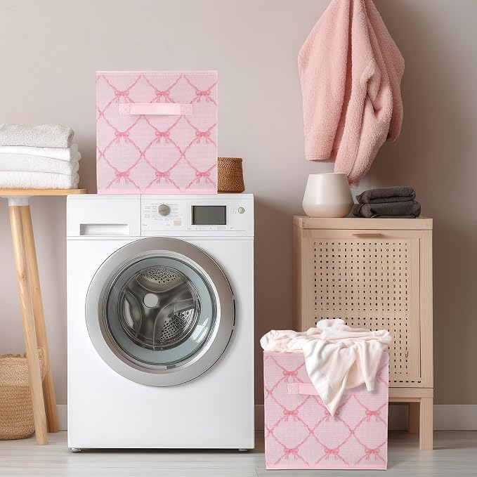 6 Pcs Light Pink Bow Cube Storage Bins 11 Inch Storage Basket | Preppy Girls Organizer Basket with Handle, Collapsible Fabric Box for Classroom Bedrooms Office Home Decoration Gift - Image 4