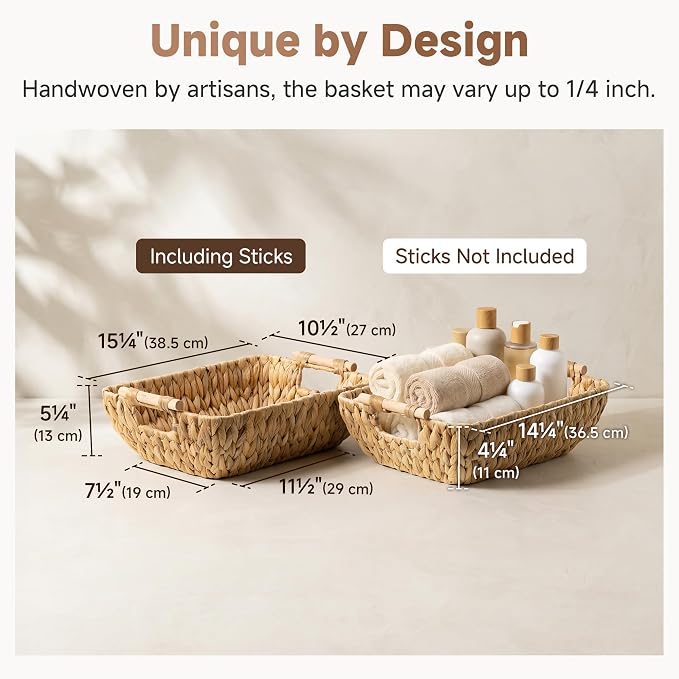 StorageWorks Wicker Baskets for Organizing, Water Hyacinth Storage Baskets | Wicker Storage Baskets for Shelves, Baskets with Wooden Handles, 2-Pack Gifts Basket for Home Decor, Hand-Woven Basket - Image 3