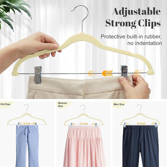 HOUSE DAY Velvet Skirt Hangers 12 Pack, Beige Velvet Pant Hangers | with Adjustable Clips, Space Saving Slim Shorts Hanger, Heavy Duty Non Slip Clip Hanger for Pants, Skirts, Shorts - Image 6