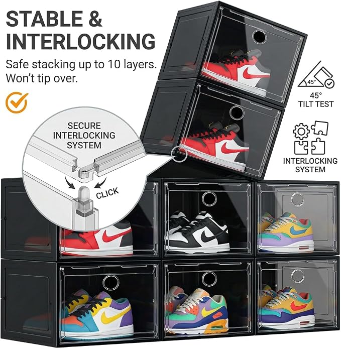 Large Clear Plastic Stackable Shoe Boxes 8-Pack, Drop Side Shoe Organizers | Black Sneaker Storage Display Cases with Magnetic Door, Premium Shoe Container Fits up to US Size 13, for Closet Organization - Image 3