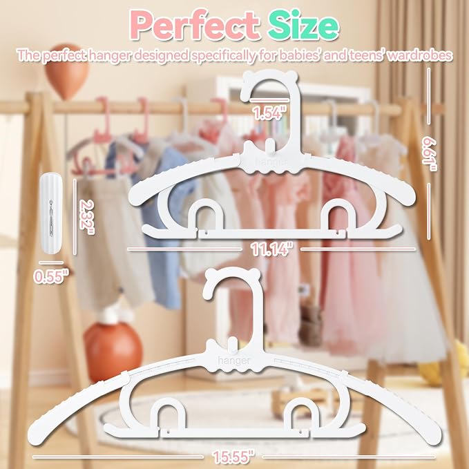 80 Pack Baby Hangers,with 55 Detachable Clips Adjustable 11.14"-15.55", Stackable Kids Closet Hangers, Two Bottom Grooves for Secure Clip Placement.Fits Newborns,Toddlers, Children & Teens(White) - Image 3