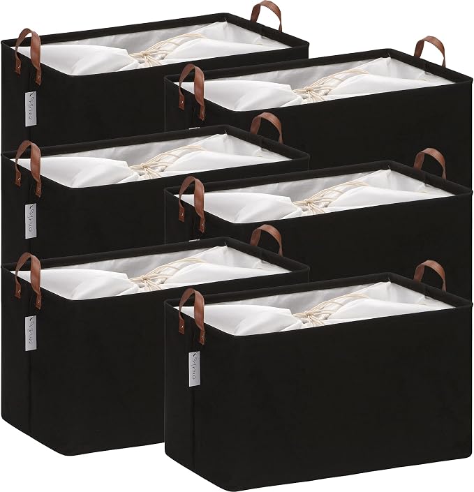 Hinwo 70L Extra Large Canvas Storage Bin with Lid and Handles, 6-Pack | Collapsible Fabric Baskets, Closet Shelf Organizers, Containers for Clothing, Blankets, Toys, Bedding (Black) by Hinwo