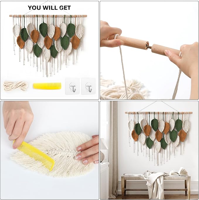 Large Macrame Wall Hanging Boho Woven Tapestry Chic Home Decor Wall Art | KHOYIME Modern Bohemian Handmade Leaf Feather Decoration for Apartment Dorm Living Room Bedroom Nursery Backdrop 39"W X29.5"L - Image 7