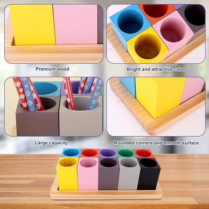 Wooden Colored Pencil Organizer, Desk Organizer (Pencils Not Included) | with 10 Colorful Cups for Home Office School Classroom Markers Crayons Pens Holder Storage - Image 4