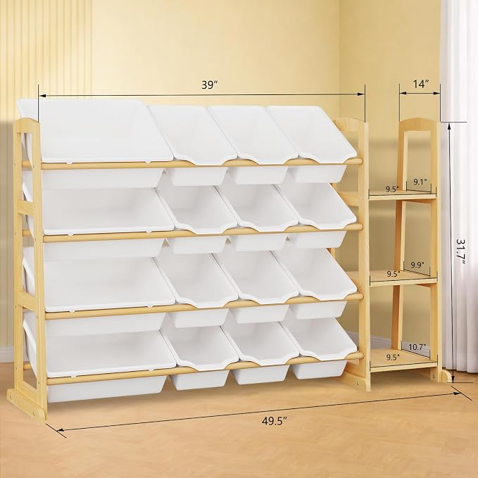 Kids Toy Storage Organizer with Bookshelf – Wooden Shelf with 16 Bins & 3 Shelves, Quick Assembly Storage Rack for Playroom, Bedroom, Nursery - White - Image 2
