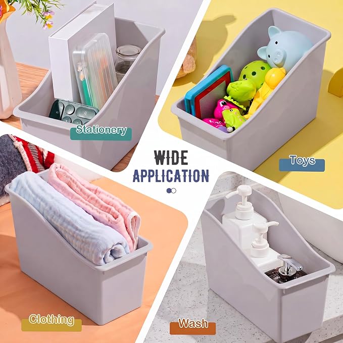 Geetery 12 Pcs Book Bin for Classroom with Labels Stackable Plastic Organizing Bins 11.5 x 5.4 x 7.5 in Book Holders Storage Bins Box Baskets for Classroom Library Home (Grey) - Image 6