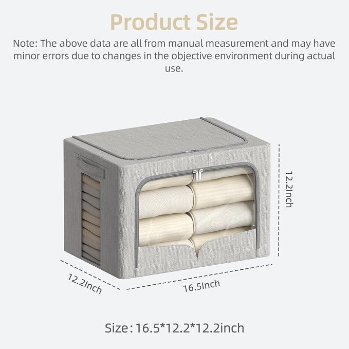 FHSQX 3 Pack Clothes Storage Bins, Light Gray, 16.5x12.2x12.2inch (40L) | Foldable Metal Frame, Stackable, Linen Fabric, Carrying Handles, Clear Window - Image 2