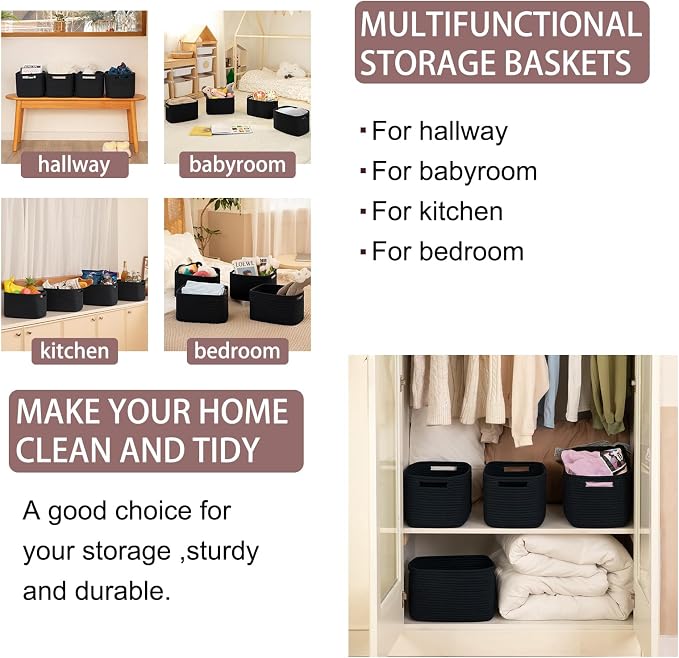 OIAHOMY 4 Pack Storage Baskets for Organizing 15L Cube Storage Bins Black | Woven Baskets for Storage Rectangle Small Baskets With Handles Baskets for Shelves Wicker Baskets for Shelves 12.7x9x7.8inch - Image 6