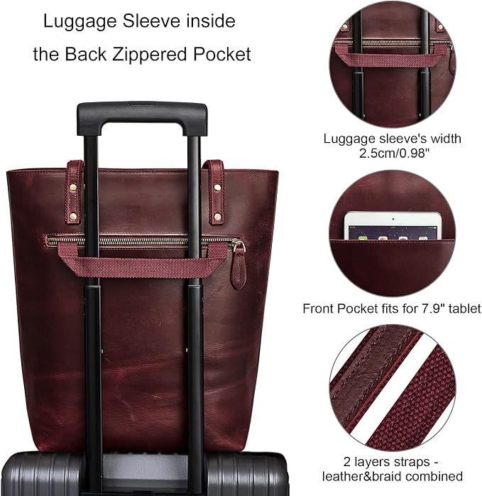 S-ZONE Leather Tote Bag for Women Work Handbag with Luggage Sleeve | Top Grain Genuine Leather, Padded Laptop Compartment, Multi Pockets, Large Retro Purse, Travel Everyday - Image 4