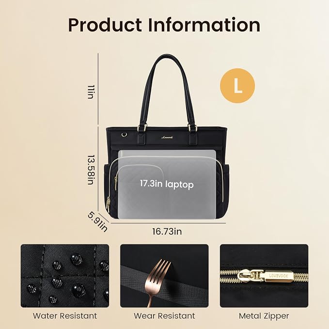 LOVEVOOK Tote Bag, Work Bags for Women with Large Cup Holder, Large Capacity Teacher Tote with Multi Pockets, Water Resistant Nurse Diaper Tote with Padded Laptop Compartment, 17.3 Inch Black - Image 5