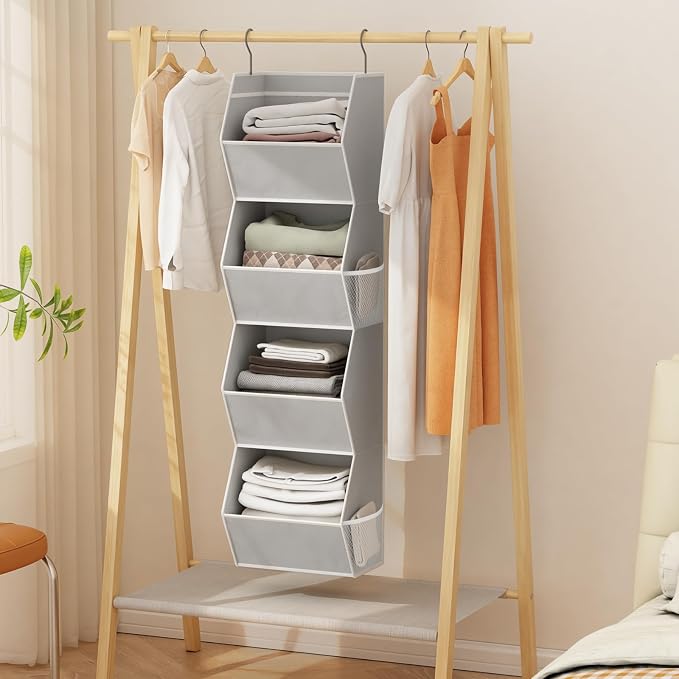 Hanging Closet Organizer 4 Shelf Collapsible Bedroom Closet Organizers and Storage Hanging with Mesh Pockets for Clothes, Fabric Hanging Storage Bins for Wardrobe Closet Organization and Storage, Grey - Image 2
