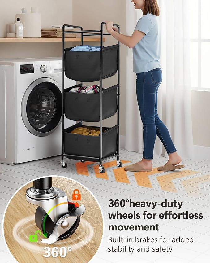3 Section Laundry Sorter with Removable Bags, 120L Rolling Vertical Laundry Hamper, Stackable Laundry Baskets organizer for Bathroom, Apartment, Dorm (Black, With Wheel) - Image 4