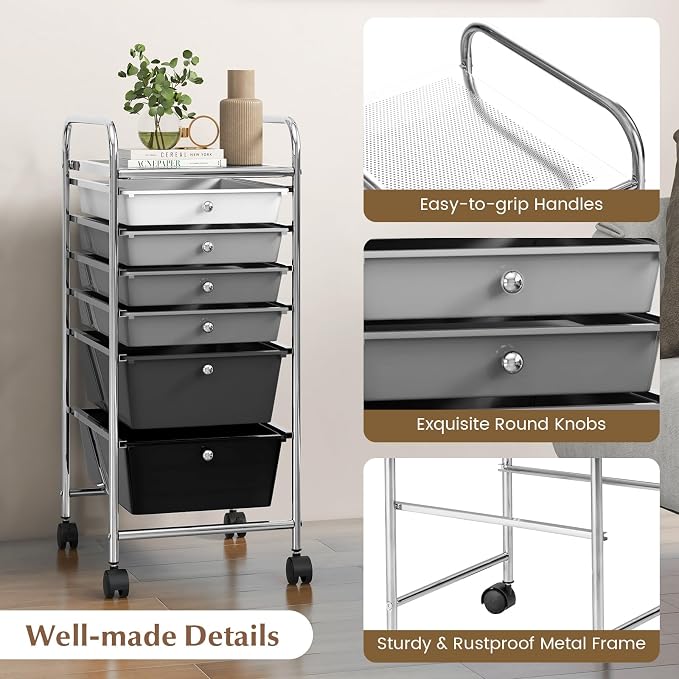 GOFLAME 6-Drawer Rolling Storage Cart, Multifunctional Art Craft Organizer Cart, Mobile Utility Storage Cart with Removable Drawers & Lockable Wheels, Craft Cart for Home Office, School, Gray Gradient - Image 6