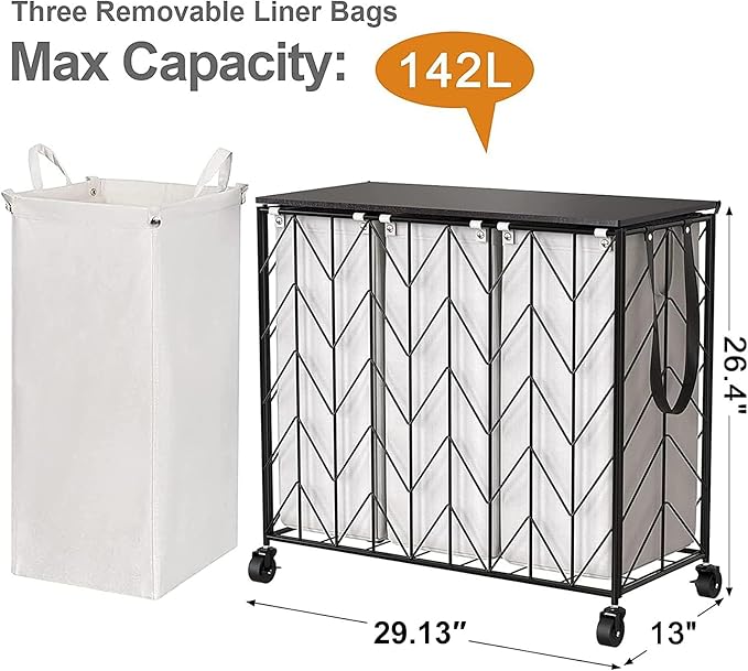 WOWLIVE Laundry Hamper 3 Section with Lid, 142L Laundry Basket with Wheels | Rolling Dirty Clothes Hamper with Removable Bags, Large Iron-Made Laundry Basket Organizer Laundry Sorter for Dorm, Beige - Image 4