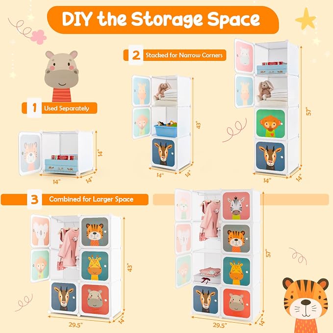 HONEY JOY Kids Wardrobe Closet, Baby Cartoon Clothes Storage Organizer, 8 Cubes & 2 Hanging Sections, Portable Children DIY Modular Bedroom Armoire Dresser Cabinet for Boys Girls (White) - Image 3